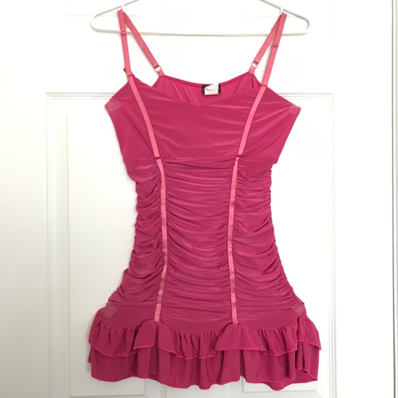 Rare Y2K Seduction Ruched Spaghetti Strap Top S Fit Ruffle Hem Magenta Pink - Picture 2 of 14